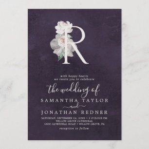 Floral Romance Letter R Monogram   Plum Wedding Invitation
