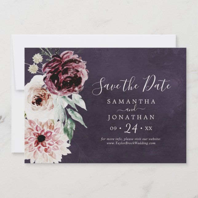 Floral Romance | Plum Horizontal Save The Date (Front)