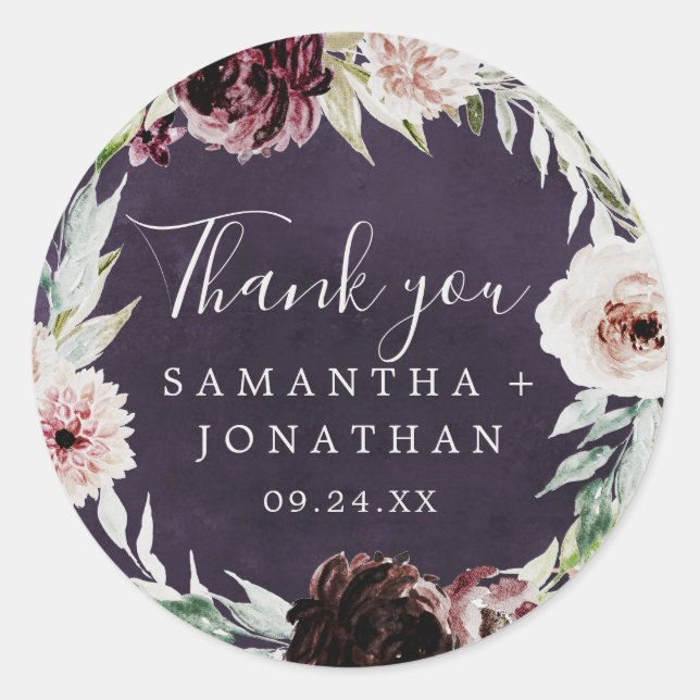 Floral Romance | Plum Thank You Favour Sticker (Front)