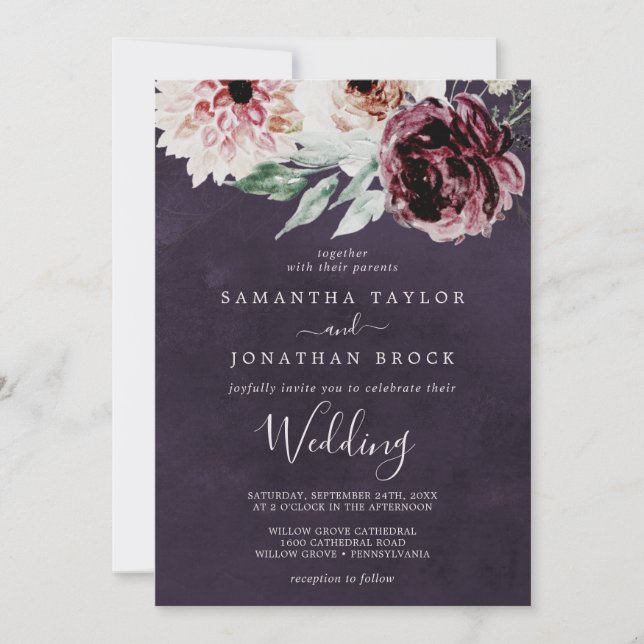 Floral Romance | Plum Wedding Invitation (Front)