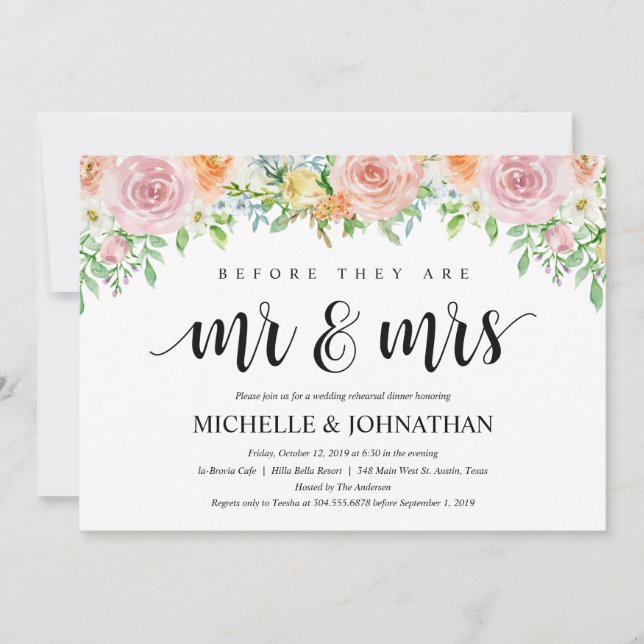 Floral Romance Wedding Rehearsal Dinner Invites (Front)