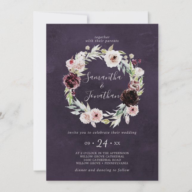 Floral Romance Wreath | Plum Wedding Invitation (Front)