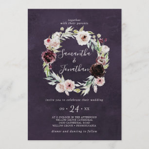 Floral Romance Wreath   Plum Wedding Invitation