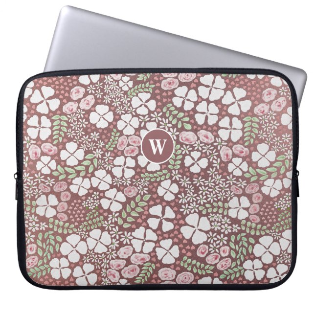 Floral Romantic Blush Pink Roses White Flowers Laptop Sleeve (Front)