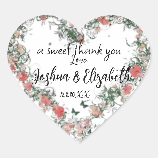 Floral Romantic Wedding Thank You Gift Favour Labe Heart Sticker (Front)
