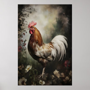 Floral Rooster Wall Print, Dark Cottagecore, Dark Poster