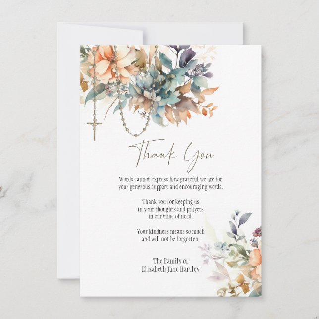  Floral Rosary Photo  Funeral Condolence Sympathy Thank You Card (Front)