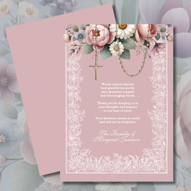 Floral Rosary Religious Funeral Condolence  Thank You Card (Creator Uploaded)