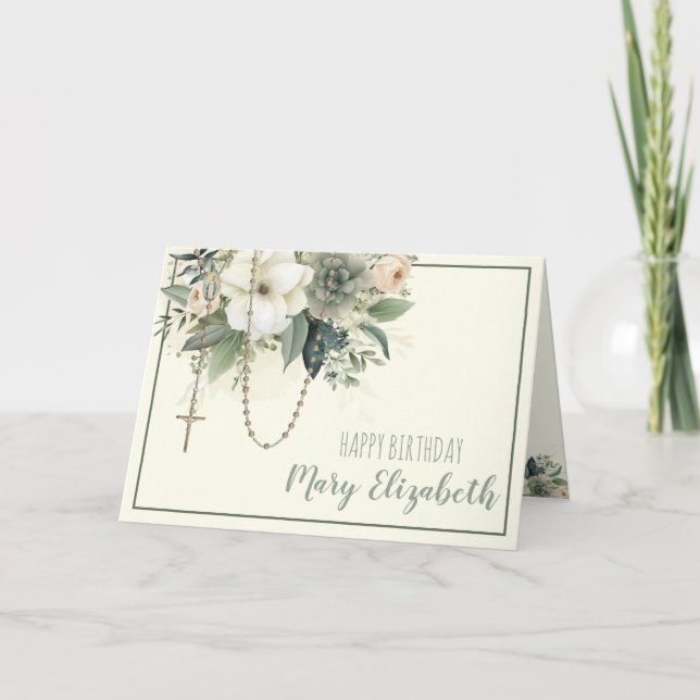 Floral Rosary Scripture Religious Birthday Holiday Card (Front)