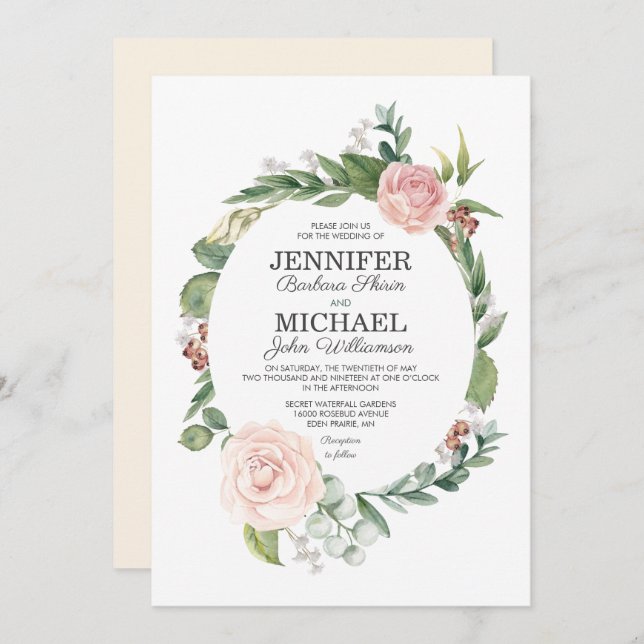 Floral Rose and Greenery Wreath Wedding Invitation (Front/Back)