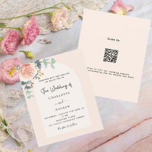 Floral rose blush arch QR RSVP wedding invitation