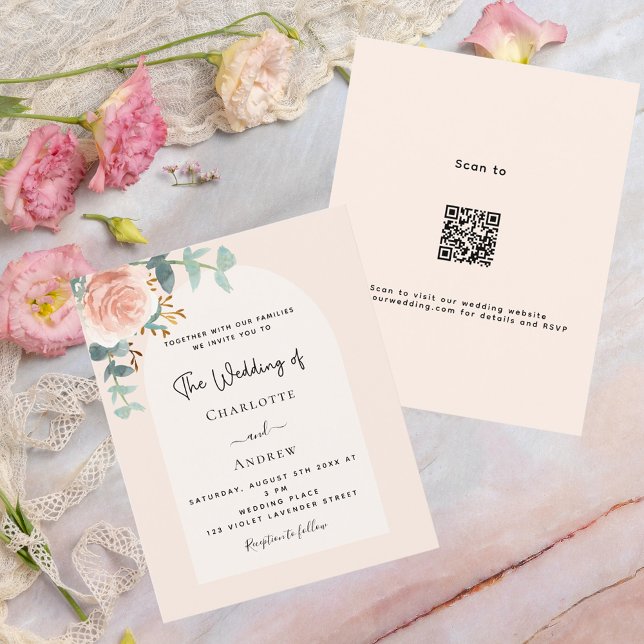 Floral rose blush arch QR RSVP wedding invitation (Creator Uploaded)