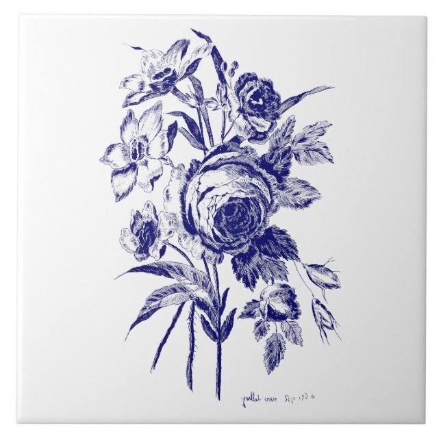 Floral Rose Bouquet Botanical Art Blue & White Tile (Front)