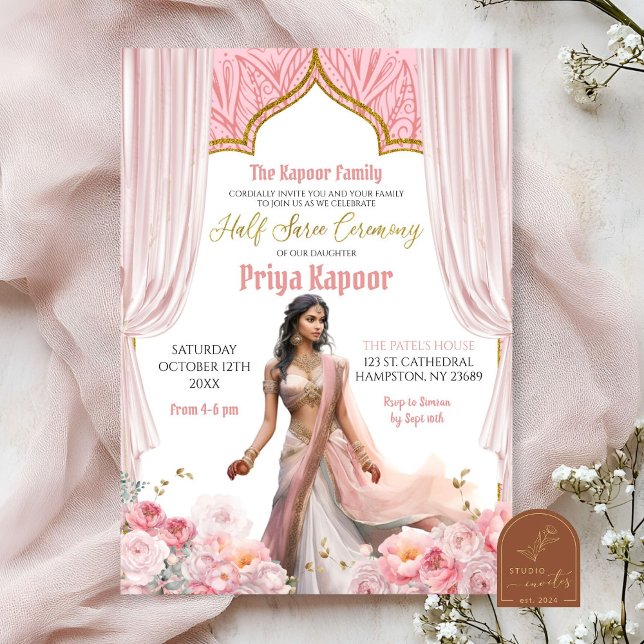 Floral Rose Brown Indian Girl Half Saree Ceremony Invitation (Creator Uploaded)