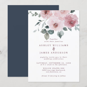 Floral Rose Burgundy Dark Blue Wedding Invitation