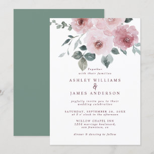 Floral Rose Burgundy Dusty Green Wedding Invitation