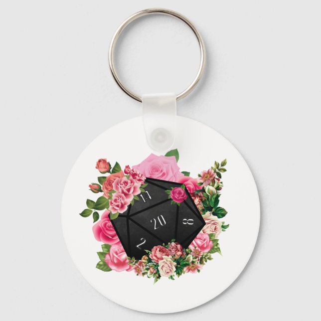 Floral Rose D20 Tabletop RPG Gaming Dice Key Ring (Front)