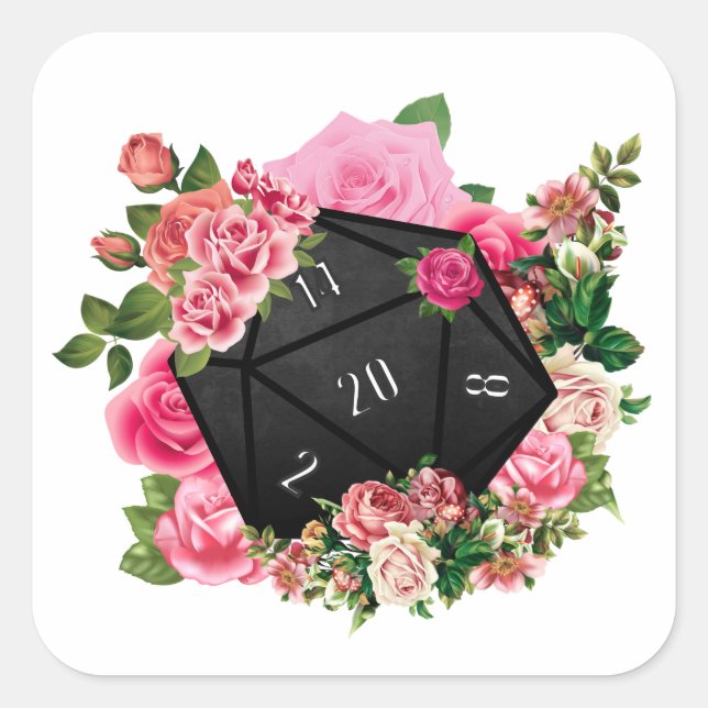 Floral Rose D20 Tabletop RPG Gaming Dice Square Sticker (Front)