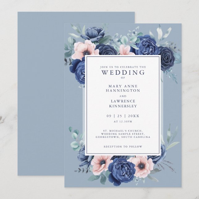Floral Rose Dusty Blue Wedding Invitation (Front/Back)