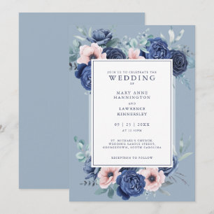 Floral Rose Dusty Blue Wedding Invitation