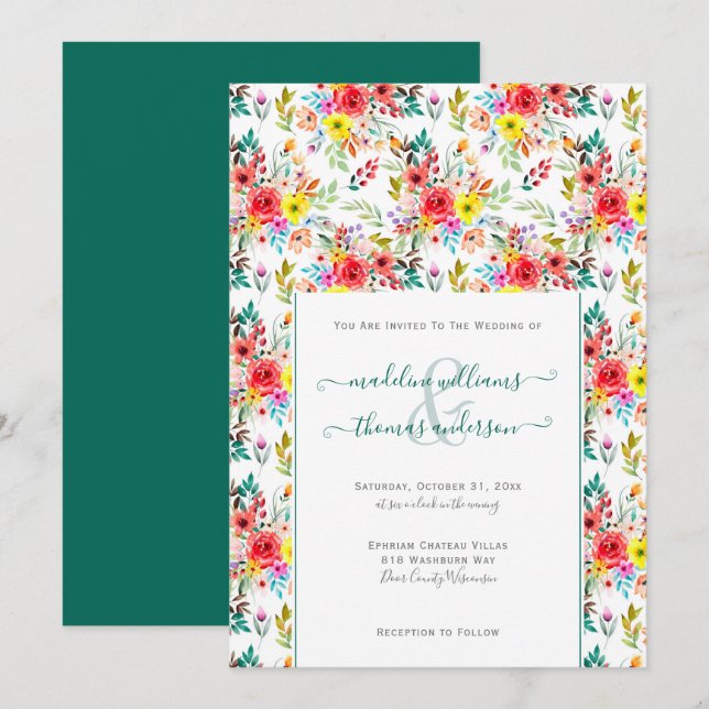 Floral Rose Eucalytpus Script Wedding Invitation (Front/Back)