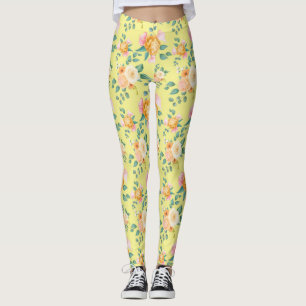 Floral Rose Flowers Pattern Yellow Background Leggings