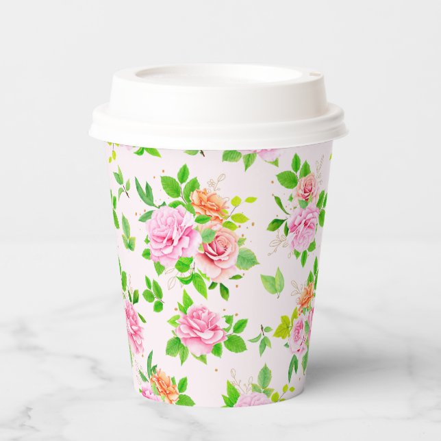 Floral Rose Flowers with Leaves Pattern-23656 Paper Cups (Front)
