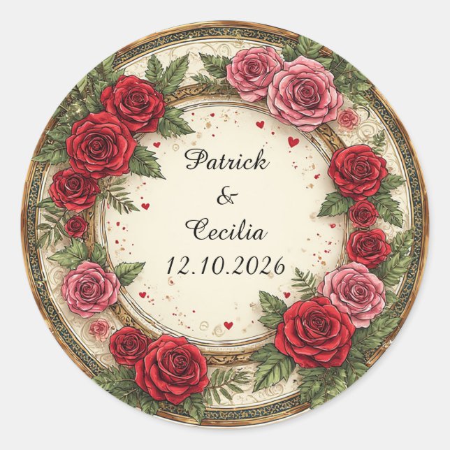 🌹 Floral Rose Frame For Custom Wedding Names 💖 Classic Round Sticker (Front)