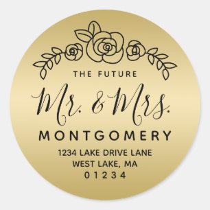 Floral Rose Future Mr. & Mrs. Gold Return Address Classic Round Sticker