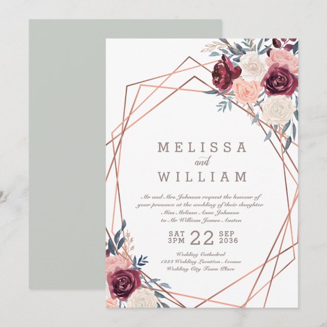 Floral Rose Geometric Burgundy Ivory Wedding Invitation (Front/Back)