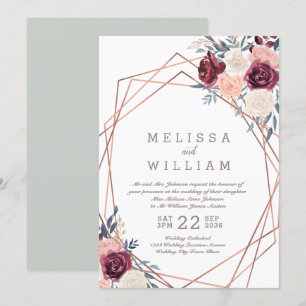 Floral Rose Geometric Burgundy Ivory Wedding Invitation