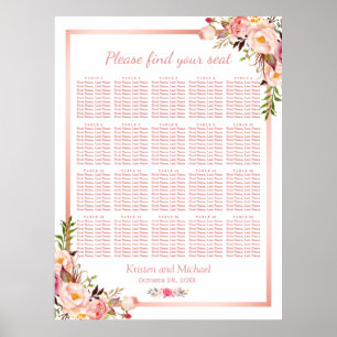 Floral Rose Gold   20 Tables Wedding Seating Chart