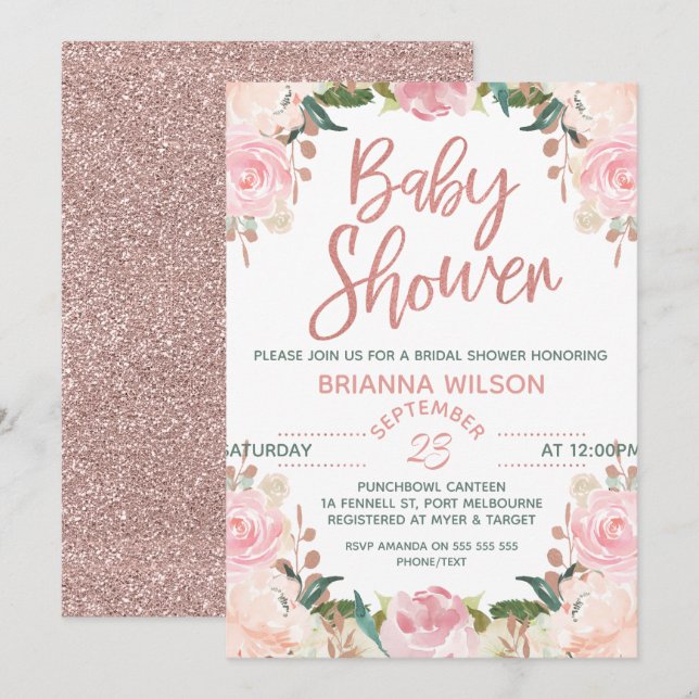 Floral Rose Gold Baby Shower Invitation (Front/Back)