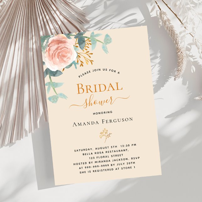Floral rose gold beige luxury Bridal Shower Invitation (Creator Uploaded)