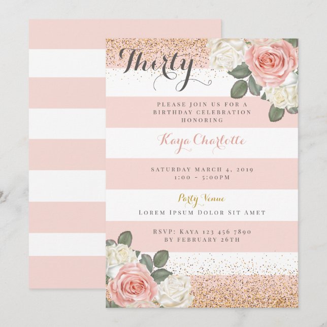 Floral Rose Gold Birthday Invitation for Women (Front/Back)