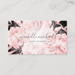 Floral Rose Gold Black Modern Script Business Card