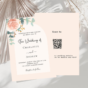 Floral rose gold blush arch QR RSVP luxury wedding Invitation