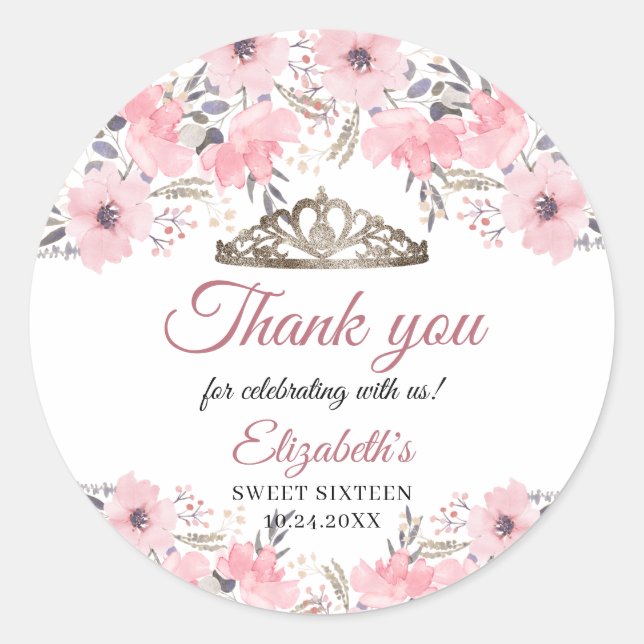 Floral Rose Gold Blush Pink Thank you Favour Classic Round Sticker (Front)