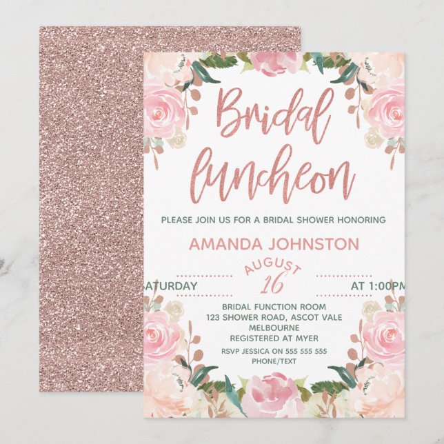 Floral Rose Gold Bridal Luncheon Invitations (Front/Back)