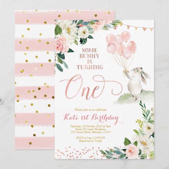 Floral Rose Gold Bunny Birthday Invitation (Front/Back)