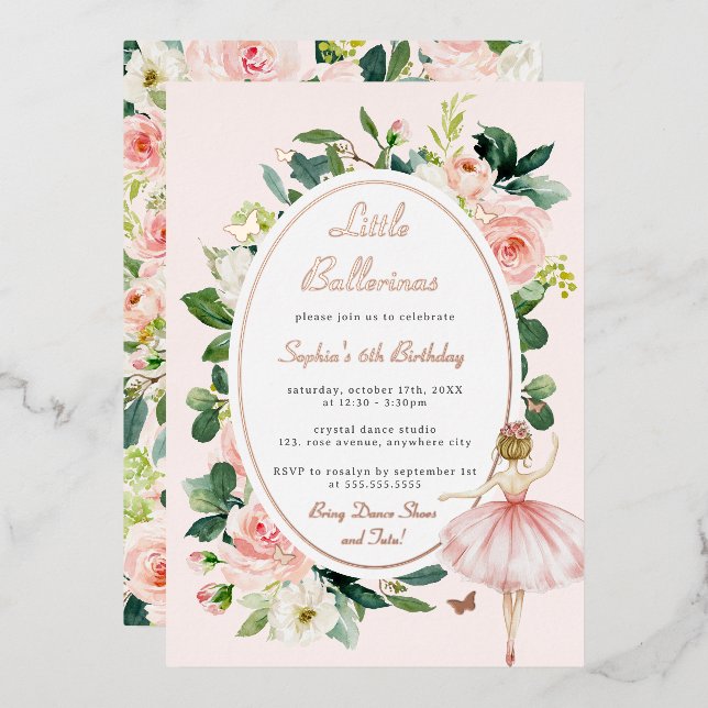 Floral Rose Gold Butterfly Ballerina Kids Birthday (Front/Back)