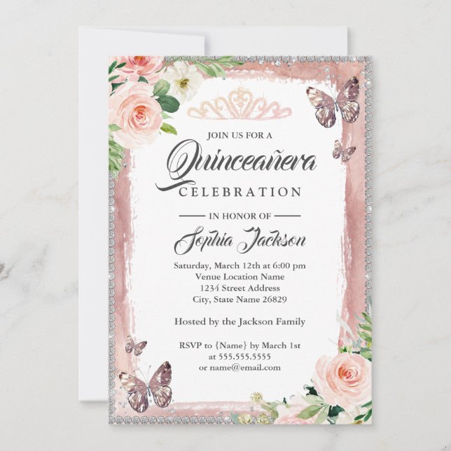Floral Rose Gold Butterfly Sparkle Quinceanera Invitation (Front)