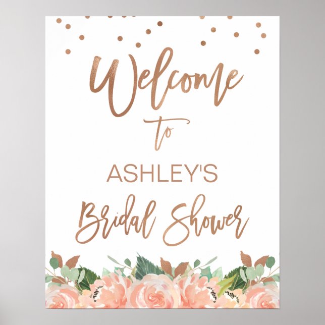 Floral Rose Gold Calligraphy Bridal Shower Welcome Poster (Front)
