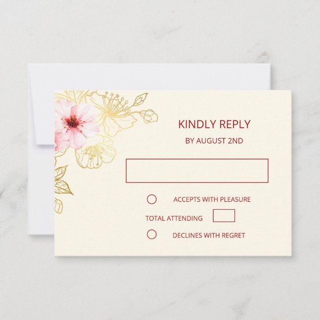 Floral Rose Gold Chinese Wedding RSVP Card (Front)