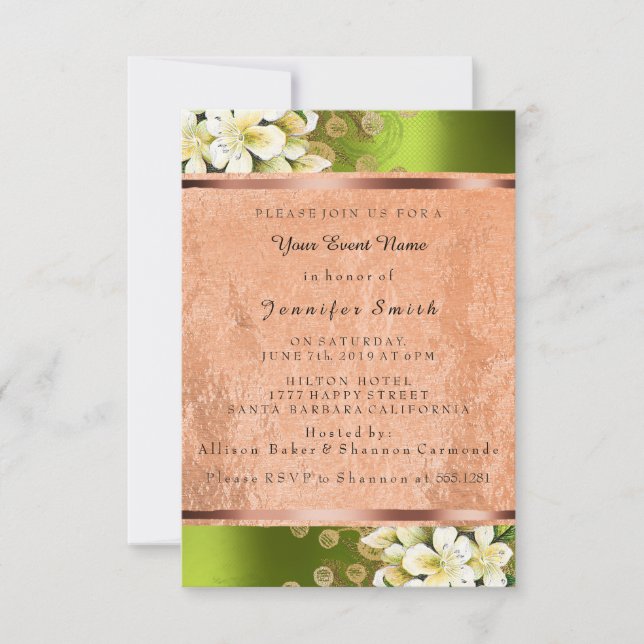 Floral Rose Gold Copper Birthday Bridal Green Invitation (Front)