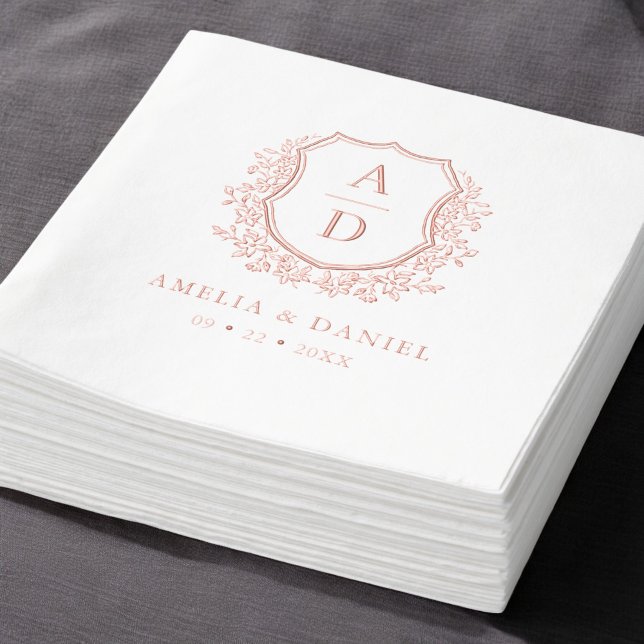 Floral Rose Gold Crest Wedding Monogram Foil Napkins (Creator Uploaded)