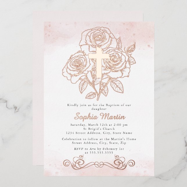 Floral Rose Gold Cross Girl Pink Baptism  (Front/Back)