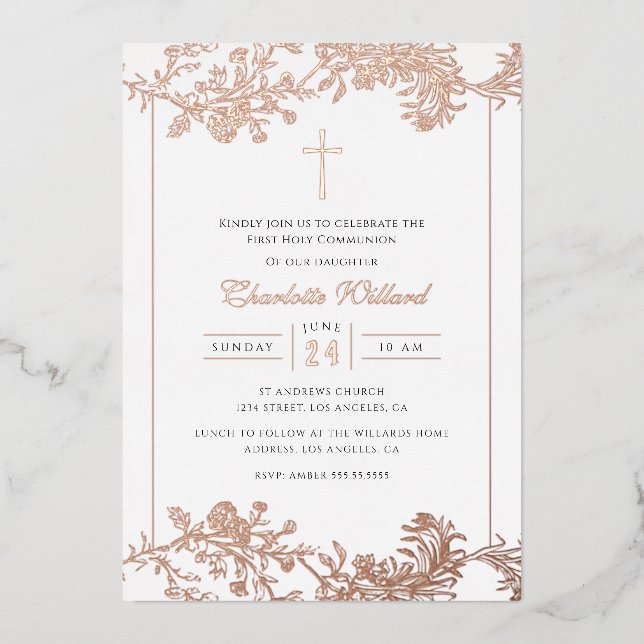 Floral Rose Gold Cross Girls First Communion  Foil (Front)