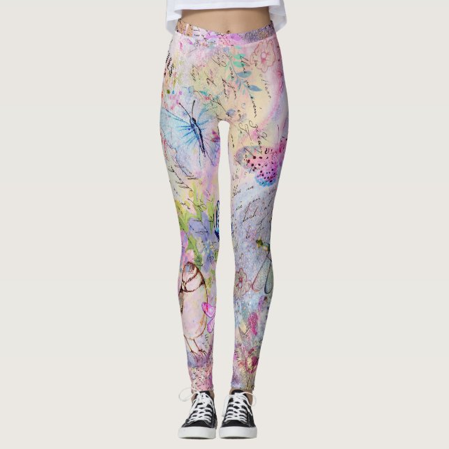 Floral Rose Gold Decoupage Birds Butterfly Script Leggings (Front)