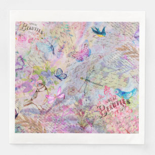 Floral Rose Gold Decoupage Birds Butterfly Script Napkin